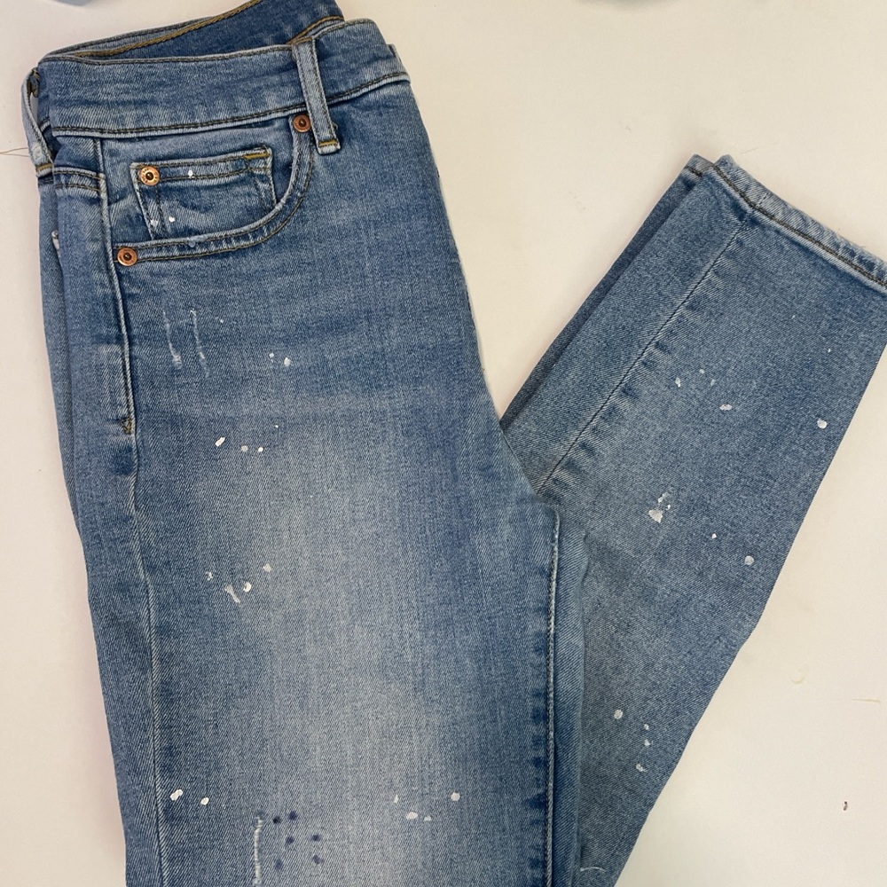 GAP Blue Skinny Ankle Jeans with Distressed and Paint Details